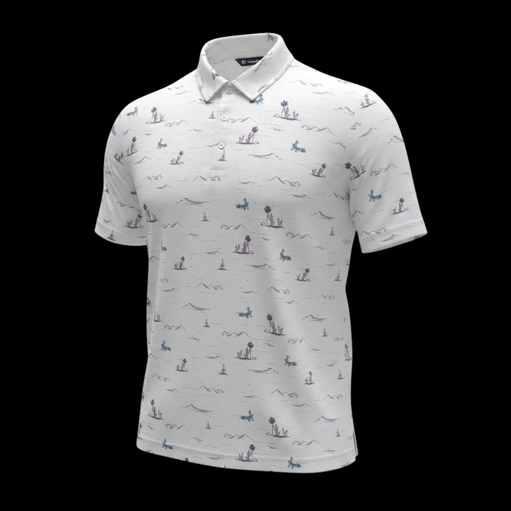 Travis Mathew Polo‎ Shirt Mens XL White Desert Cactus Print Golf Performance